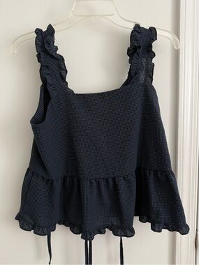 Ruffled Strap Navy Check Peplum Tank Top